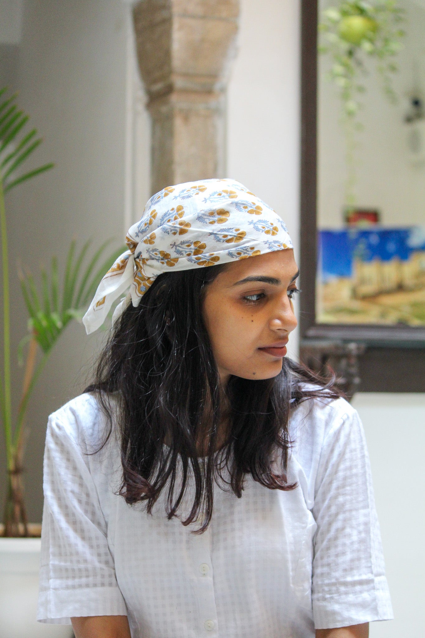 Carré foulard bandana en voile de coton – Block print Jaipur (50x50 cm) -PONDICHERY