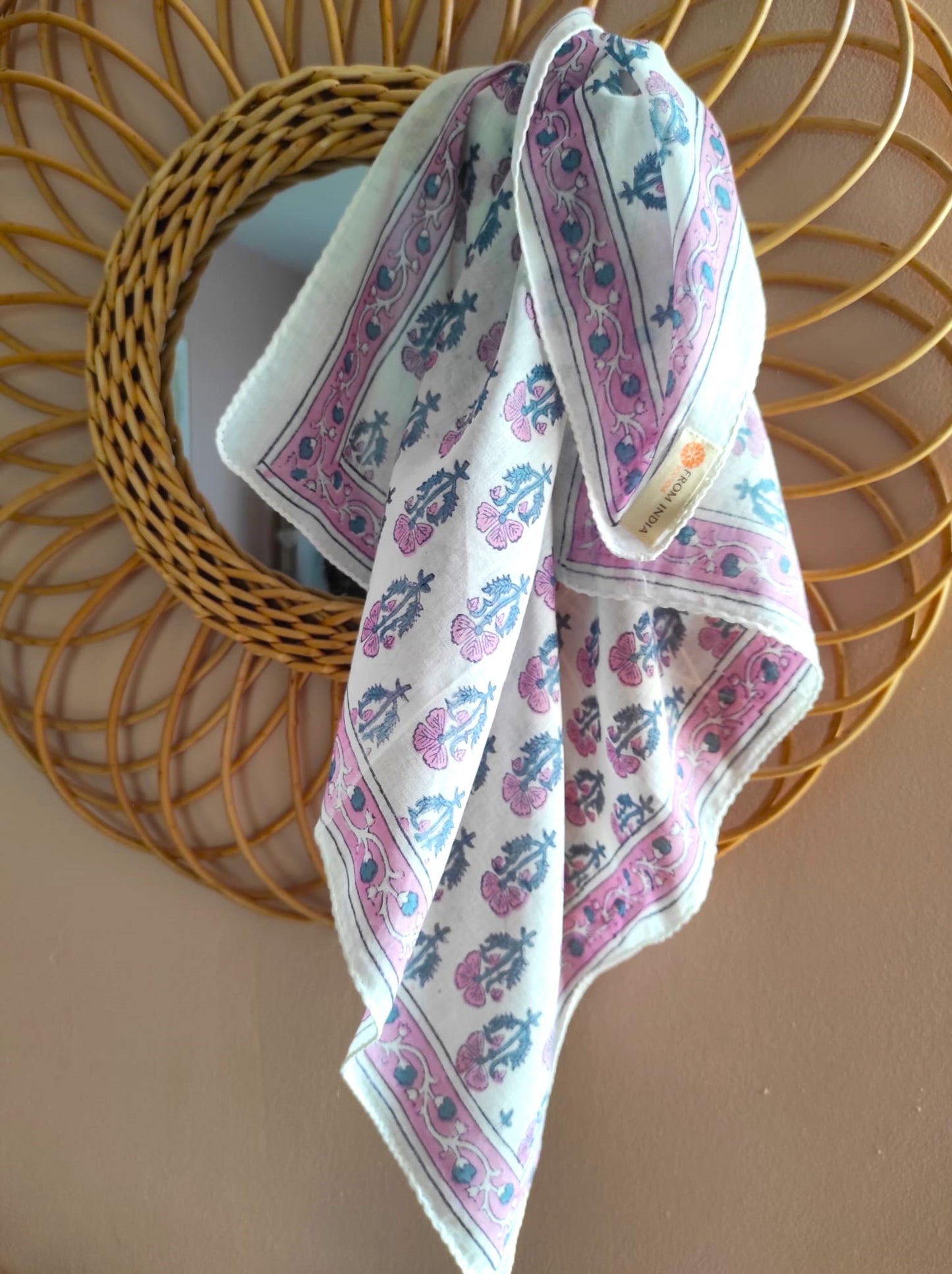 Carré foulard bandana en voile de coton – Block print Jaipur (50x50 cm)