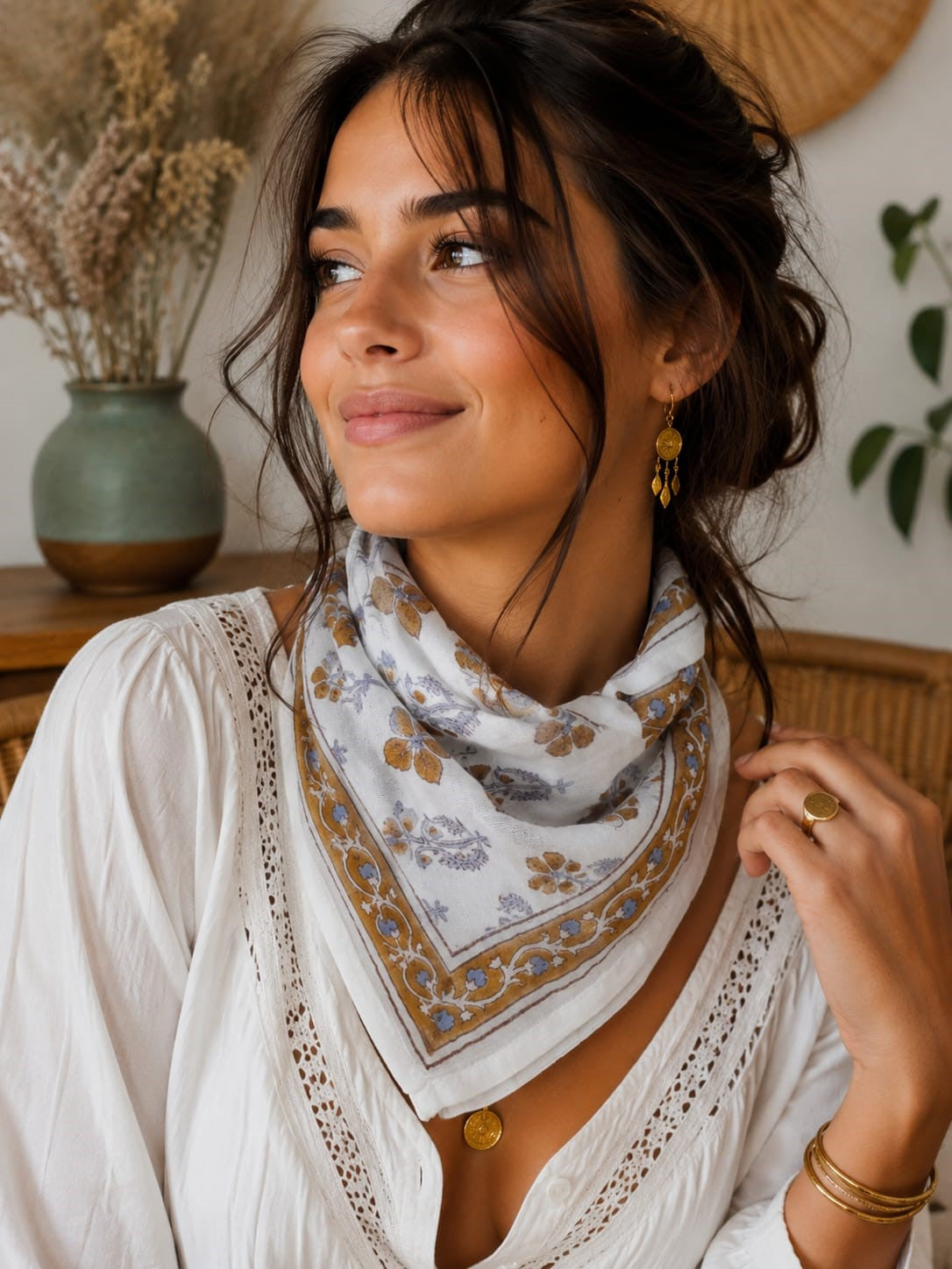 Bandana Benares 50x50 cm en coton Block Print, motif floral marron et bleu grisé sur fond écru avec bordure décorative marron, From India Boutique.