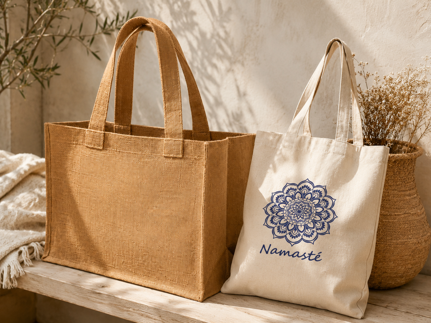 Deux sacs réutilisables From India Boutique posés sur un banc en bois : un sac de jute naturel et un tote bag écru Namasté avec mandala bleu, dans une ambiance artisanale et chaleureuse.
