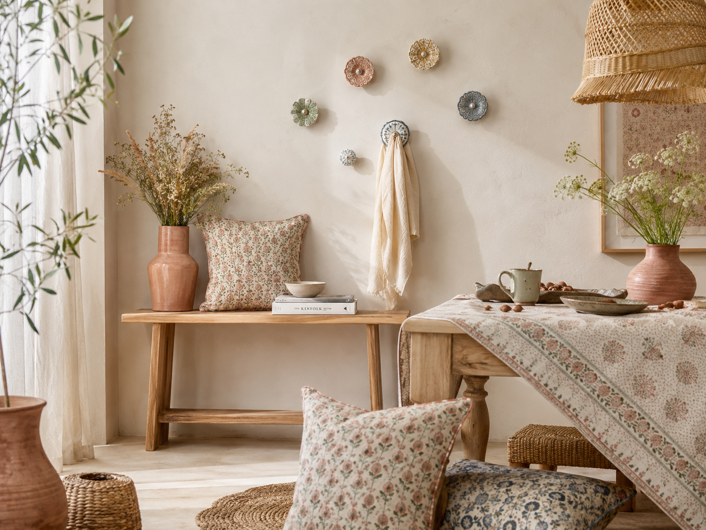 Ambiance maison et déco douce et bohème avec table en bois, textiles imprimés, coussins, vase en terre cuite, fibres naturelles et patères artisanales en céramique peintes à la main.