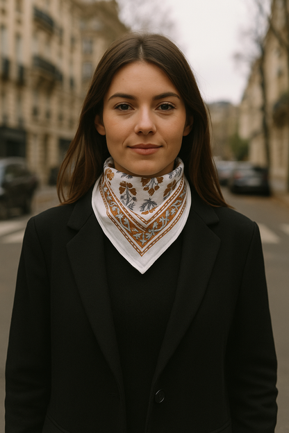 Carré foulard bandana en voile de coton – Block print Jaipur (50x50 cm) -PONDICHERY