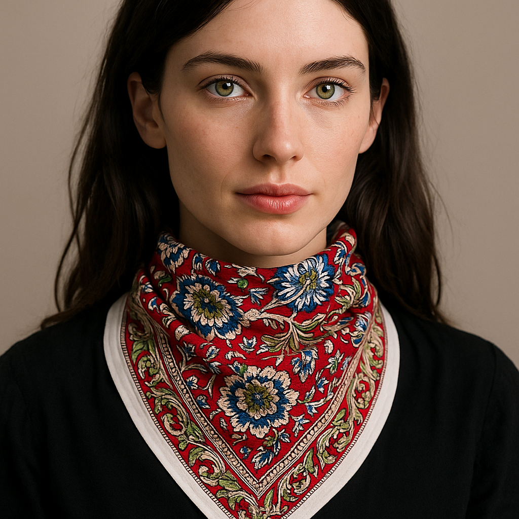 Carré foulard bandana en voile de coton – Block print Jaipur (50x50 cm)- MANGALORE