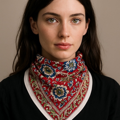 Carré foulard bandana en voile de coton – Block print Jaipur (50x50 cm)- MANGALORE