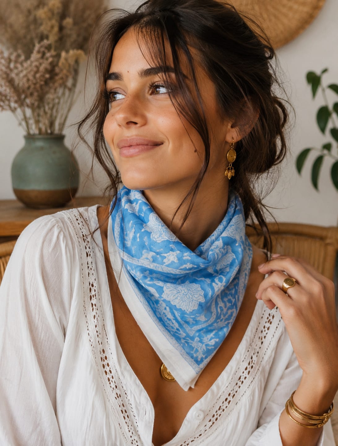 Carré foulard bandana en voile de coton – Block print Jaipur (50x50 cm) - GOA
