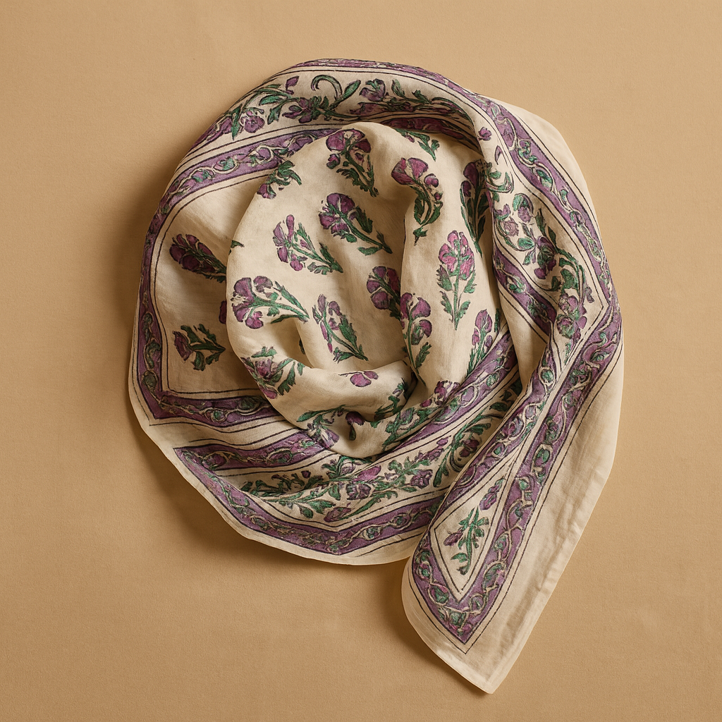 Carré foulard bandana en voile de coton – Block print Jaipur (50x50 cm) -PONDICHERY