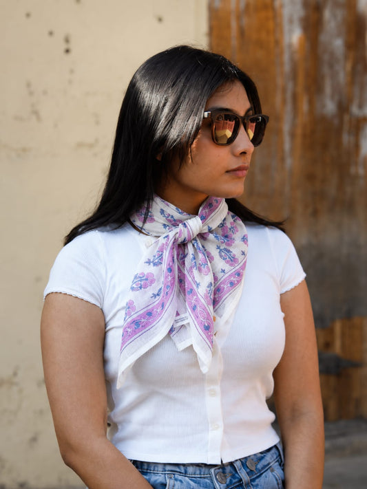 Cheich Manali 75x75 cm – Foulard en voile de coton Block Print écru et violet