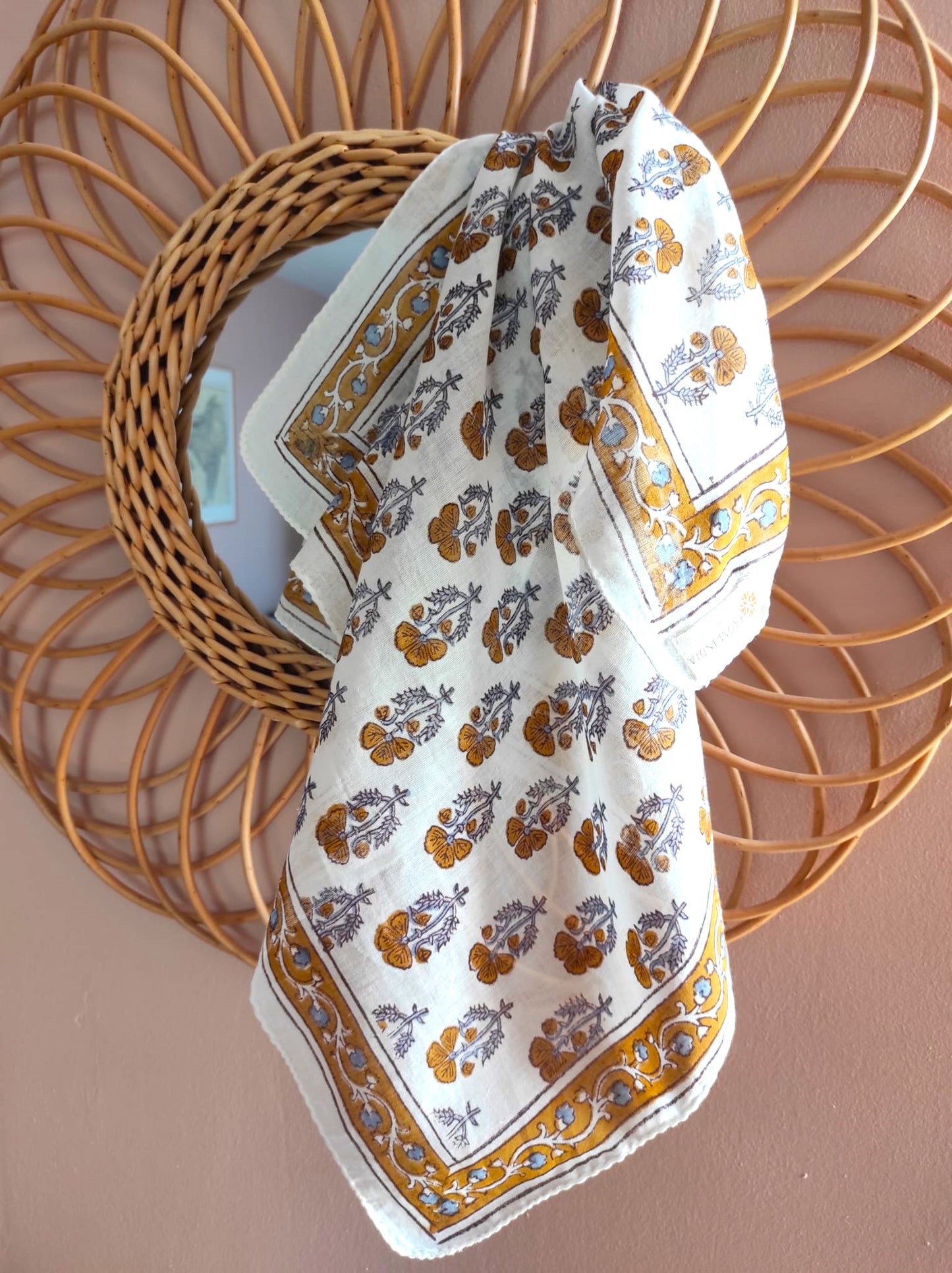 Carré foulard bandana en voile de coton – Block print Jaipur (50x50 cm)
