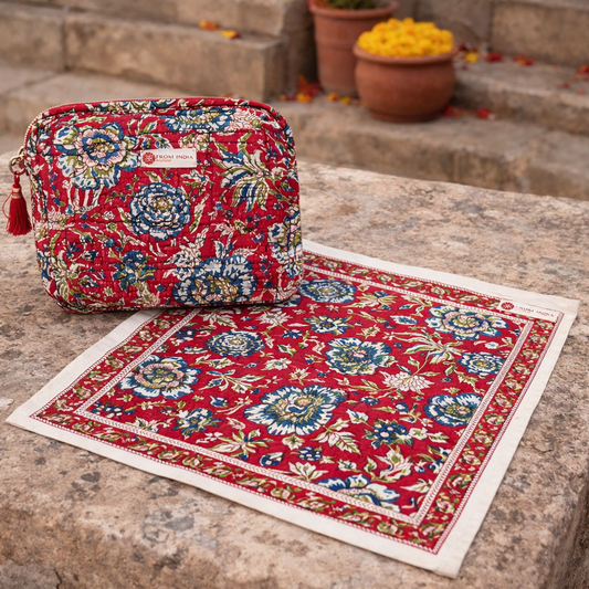 Combo 3 >  1 Petite Trousse de toilette + 1 Foulard Bandana 50x50cms – Coton imprimé block print | Inde
