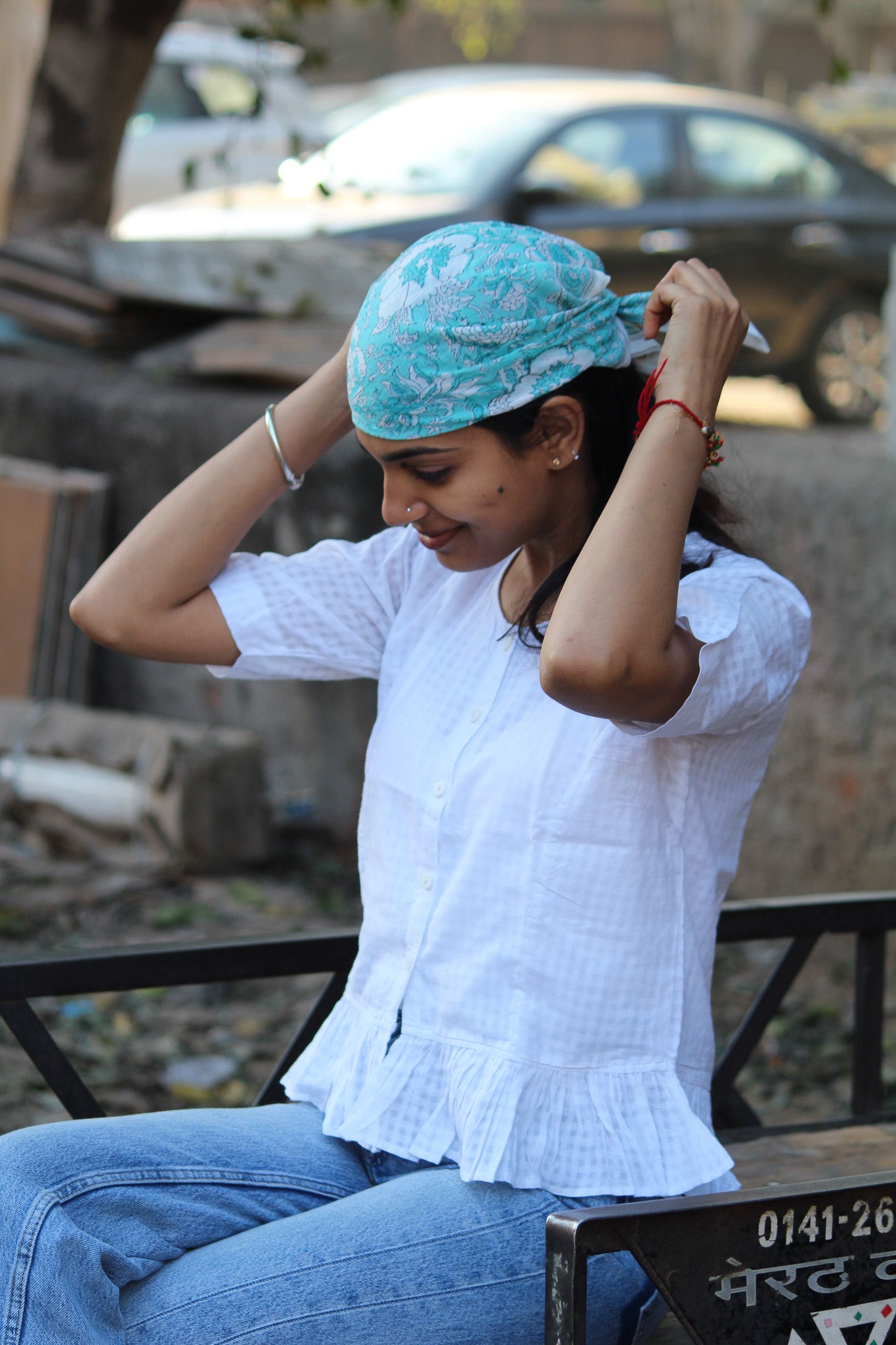 Carré foulard bandana en voile de coton – Block print Jaipur (50x50 cm)- VARANASI