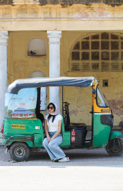 Carré foulard bandana en voile de coton – Block print Jaipur (50x50 cm) -PONDICHERY