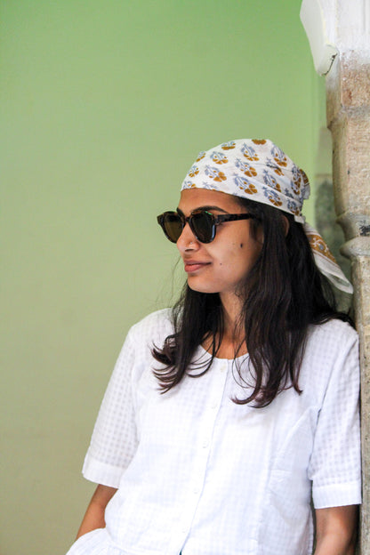 Carré foulard bandana en voile de coton – Block print Jaipur (50x50 cm) -PONDICHERY