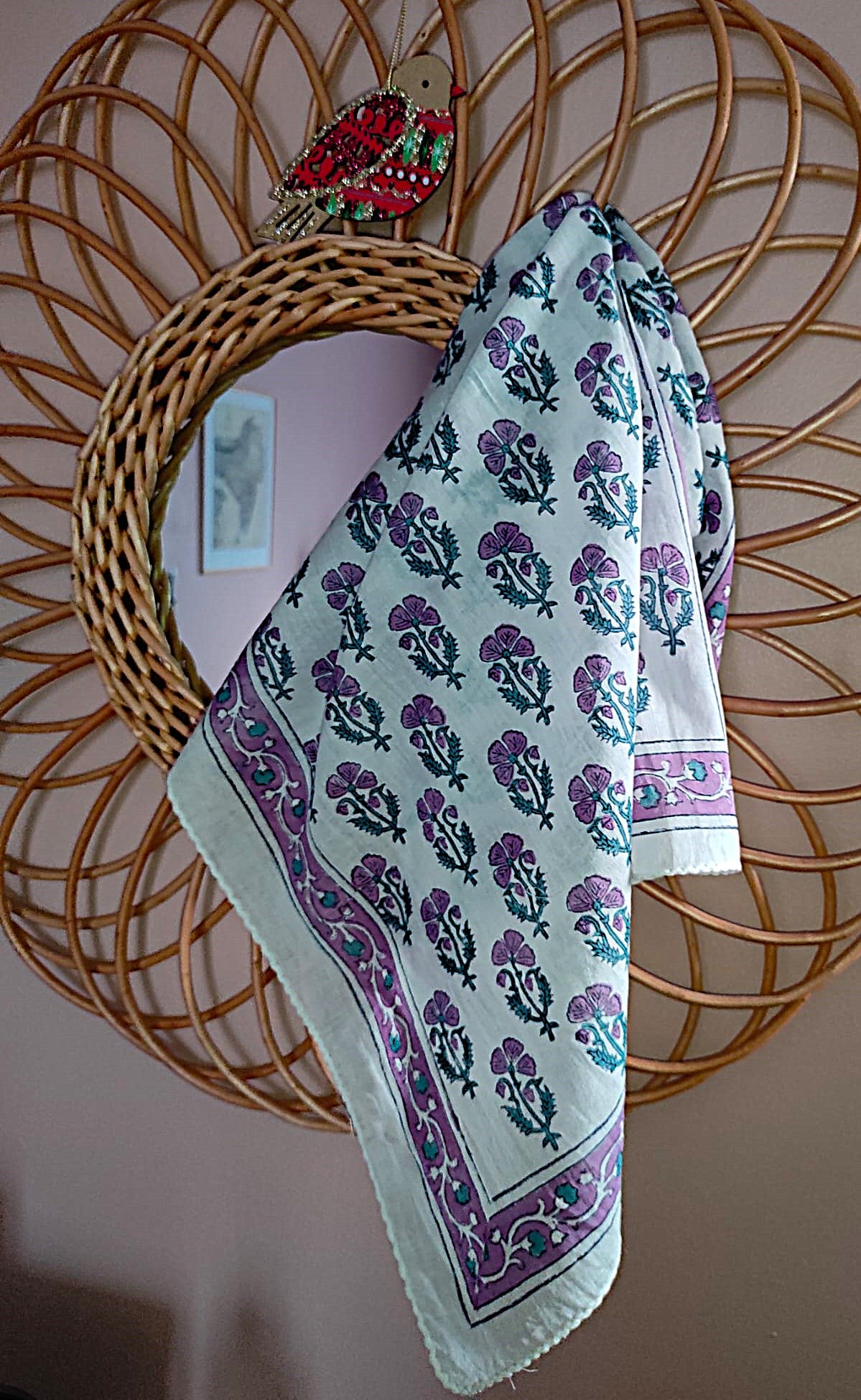 Carré foulard bandana en voile de coton – Block print Jaipur (50x50 cm)