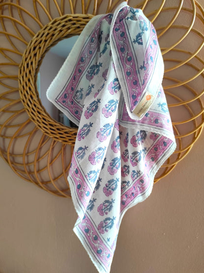 Carré foulard bandana en voile de coton – Block print Jaipur (50x50 cm)