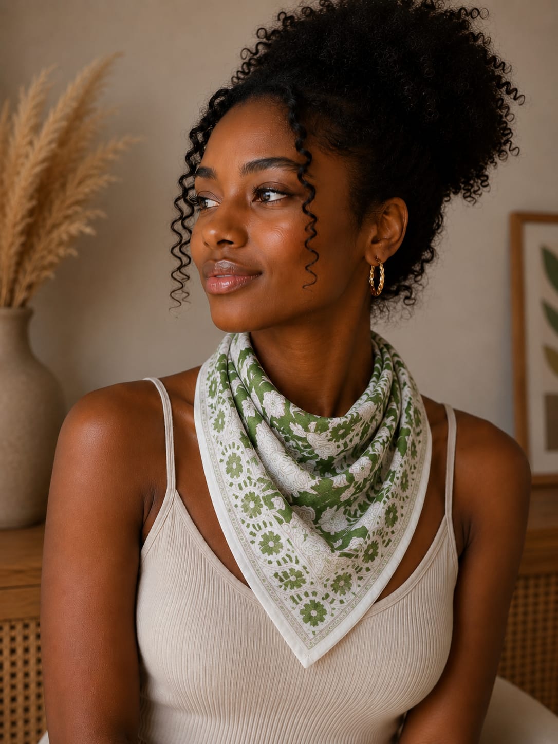 Bandana carré Jaipur 50x50 cm en coton Block Print, motif floral vert et rose poudré avec bordure décorative, From India Boutique.