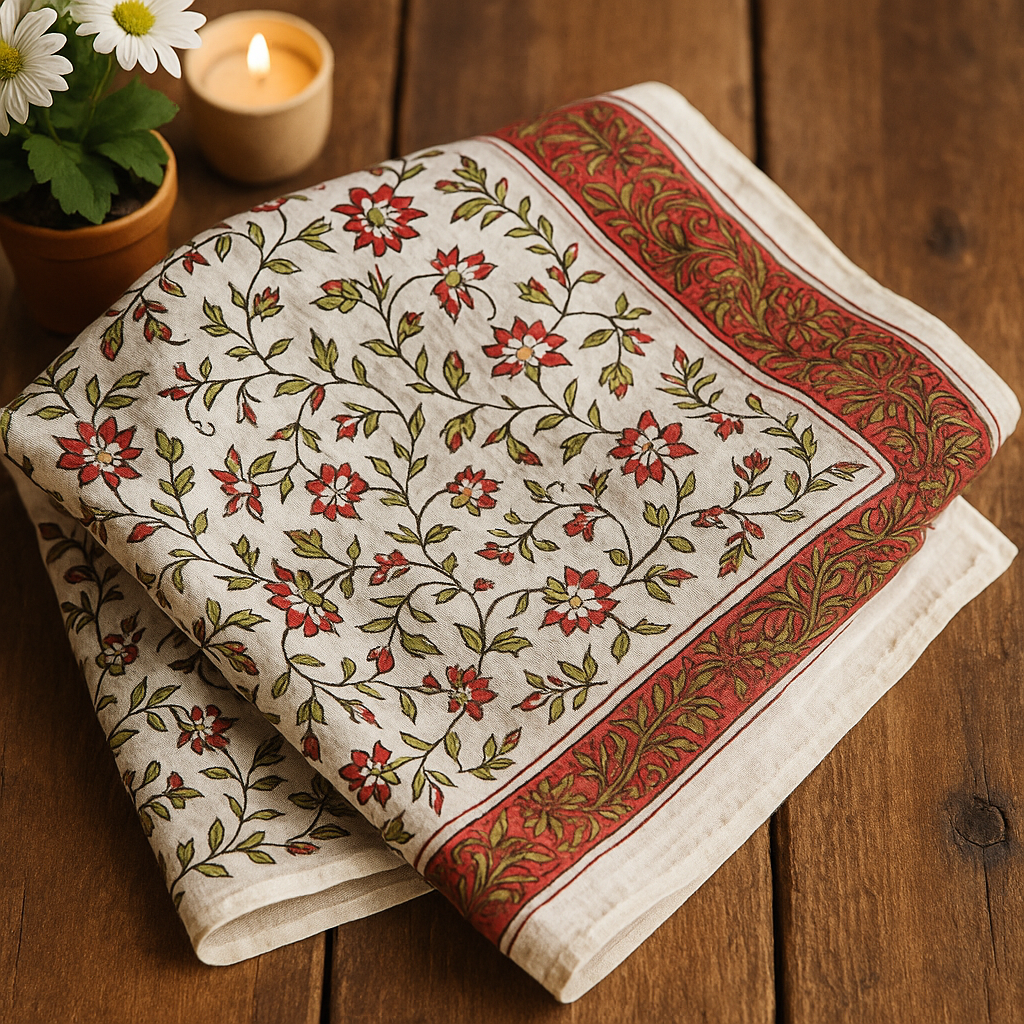 Bandana carré Kolkata 50x50 cm en coton Block Print, motif floral rose, vert et taupe sur fond écru avec bordure rose décorative, From India Boutique.