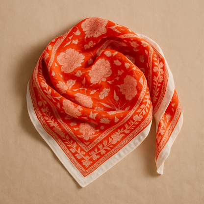 Bandana carré Mumbai 50x50 cm en coton Block Print, motif floral rouge corail et écru avec bordure décorative, From India Boutique.