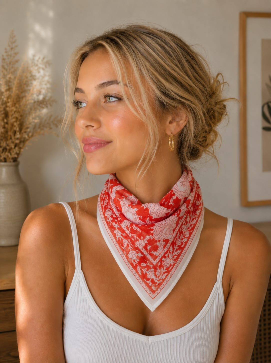 Bandana carré Mumbai 50x50 cm en coton Block Print, motif floral rouge corail et écru avec bordure décorative, From India Boutique.