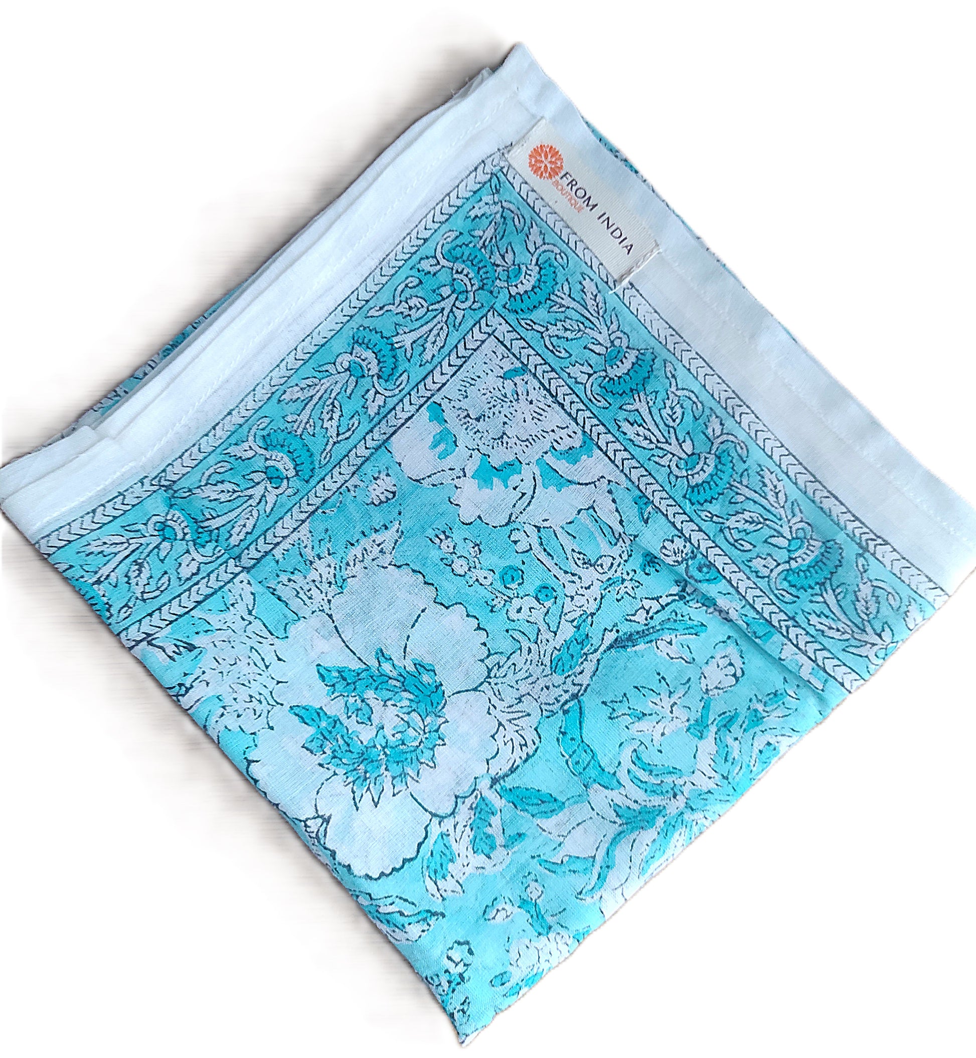 Bandana carré Varanasi 50x50 cm en coton Block Print, motif floral écru sur fond bleu turquoise avec bordure décorative assortie, From India Boutique.