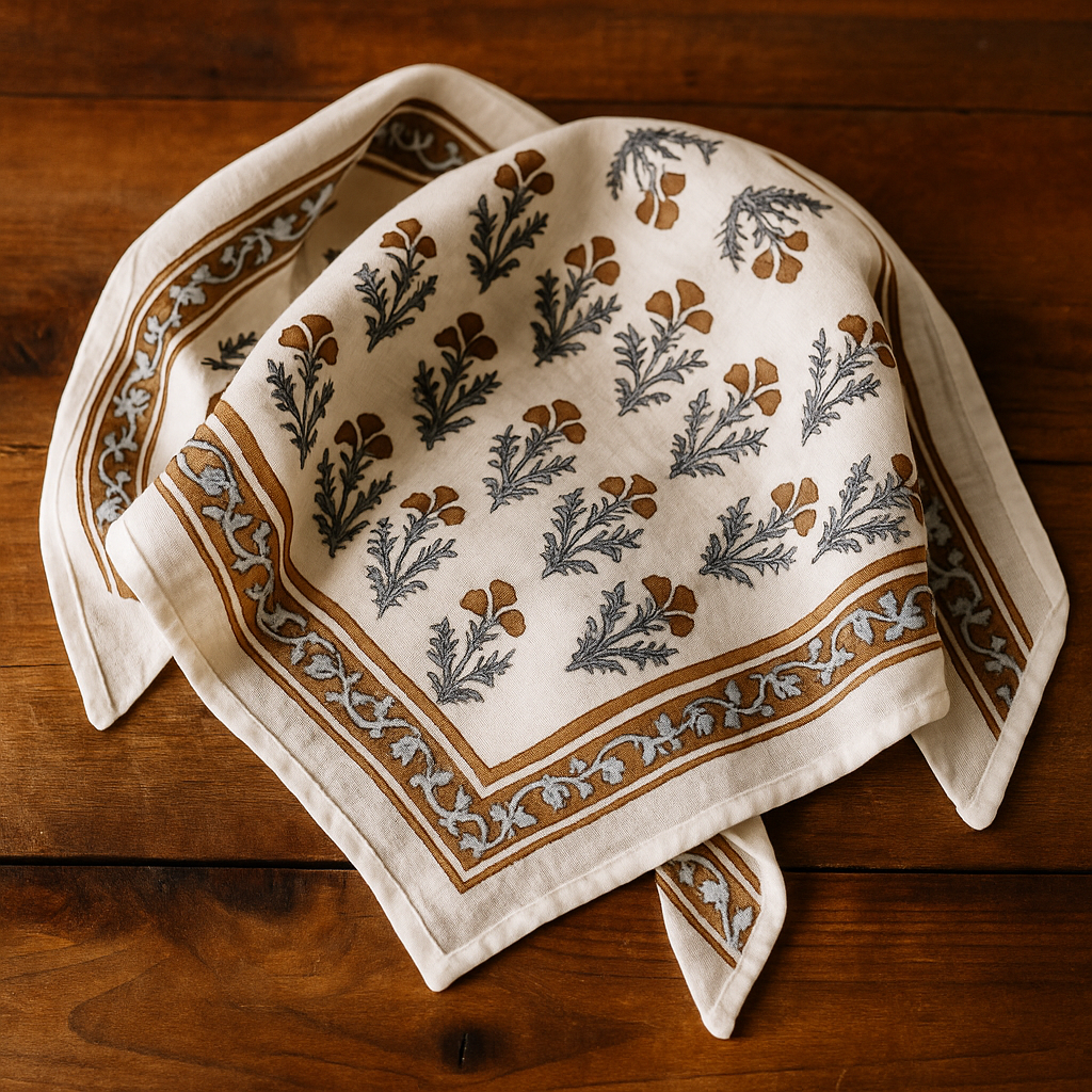 Carré foulard bandana en voile de coton – Block print Jaipur (50x50 cm) -PONDICHERY