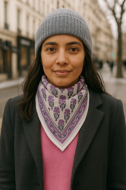 Carré foulard bandana en voile de coton – Block print Jaipur (50x50 cm) -PONDICHERY