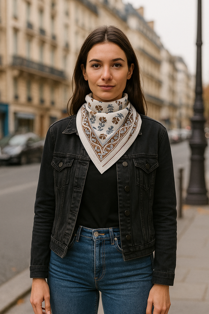 Carré foulard bandana en voile de coton – Block print Jaipur (50x50 cm) -PONDICHERY