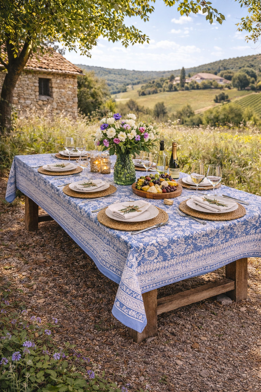 Nappe bleue Block Print en coton, motifs floraux blancs, présentée sur une table de jardin bohème chic avec décoration naturelle et lumineuse