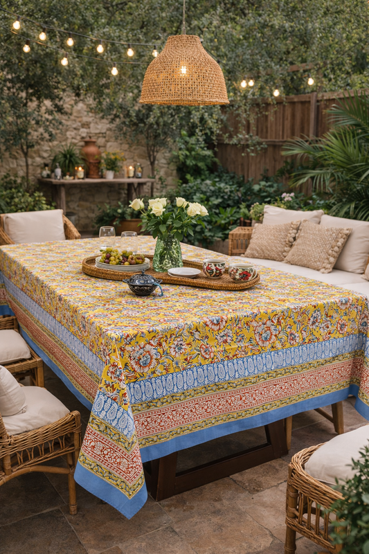 Nappe rectangulaire 6 places en coton Block Print indien moutarde, bleu clair et terracotta, avec motifs floraux et bordure décorative.