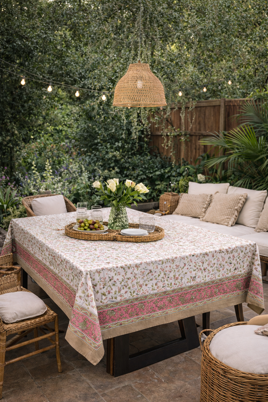Nappe rectangulaire 6 places en coton Block Print indien écru, rose et kaki, avec motifs floraux et bordure décorative beige.