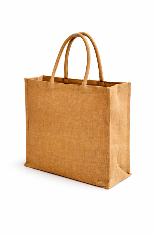 Sac de jute naturel 40 x 43 x 12 cm avec anses rondes, cabas réutilisable pour courses, marché, plage ou boutique.