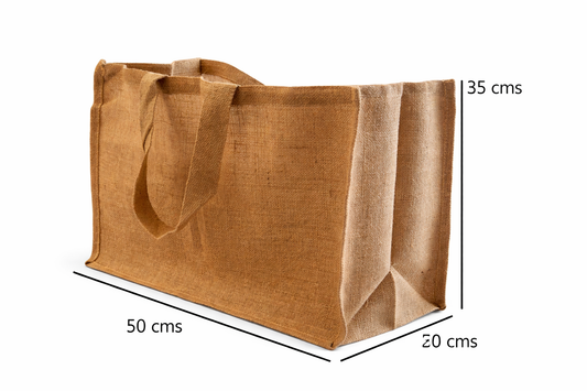 Grand sac cabas en jute naturel 50 x 35 x 20 cm avec anses, présenté sur fond blanc avec indication des dimensions.